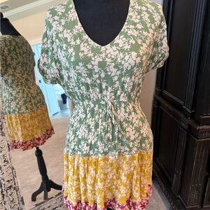 Floral V-Neck Dress with Green, Yellow, and Red Accents